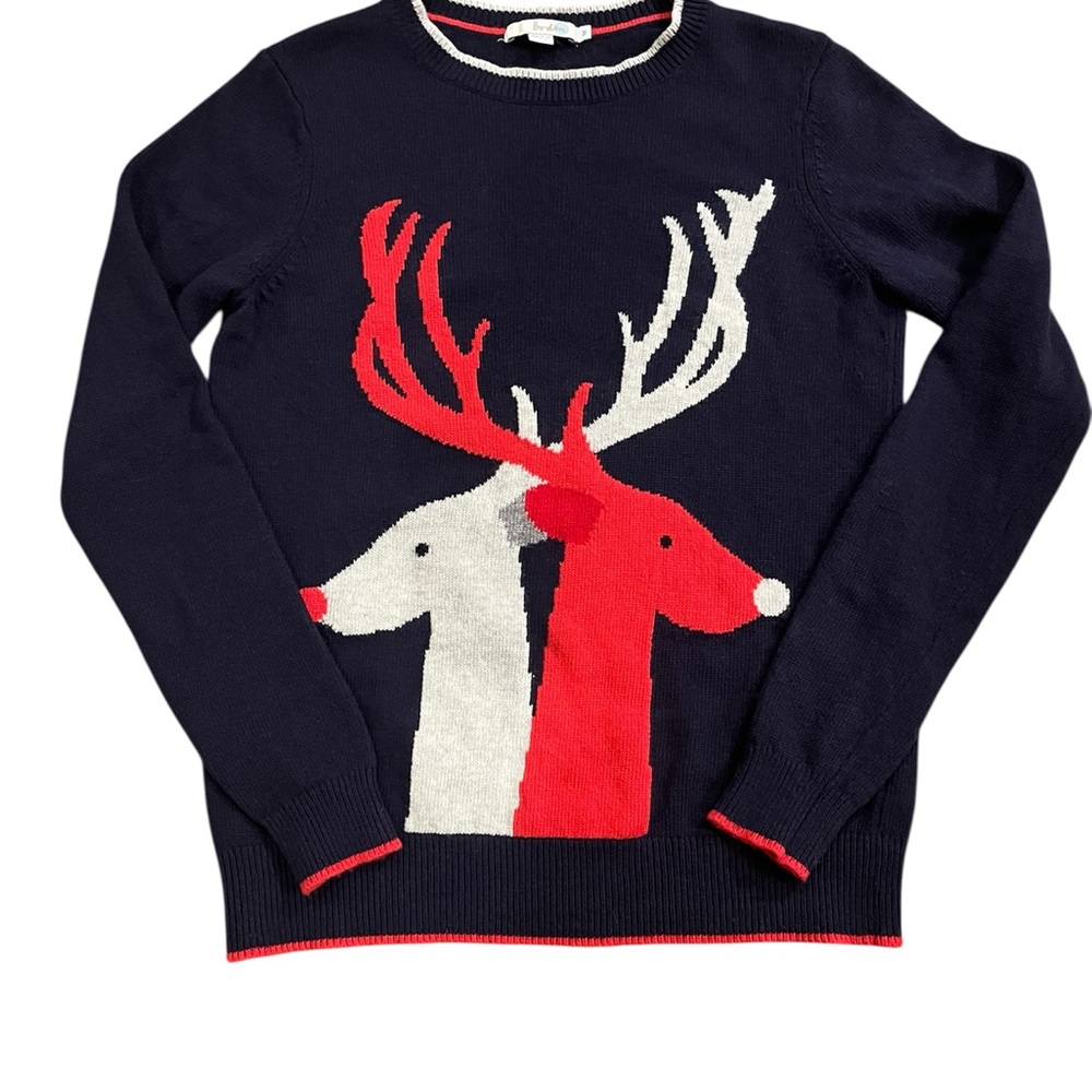 Boden Navy Sweater with Red and White Reindeer Design